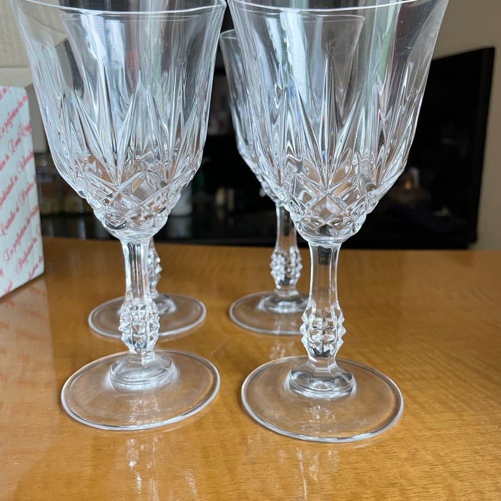 4 crystal water glasses hand cut no name